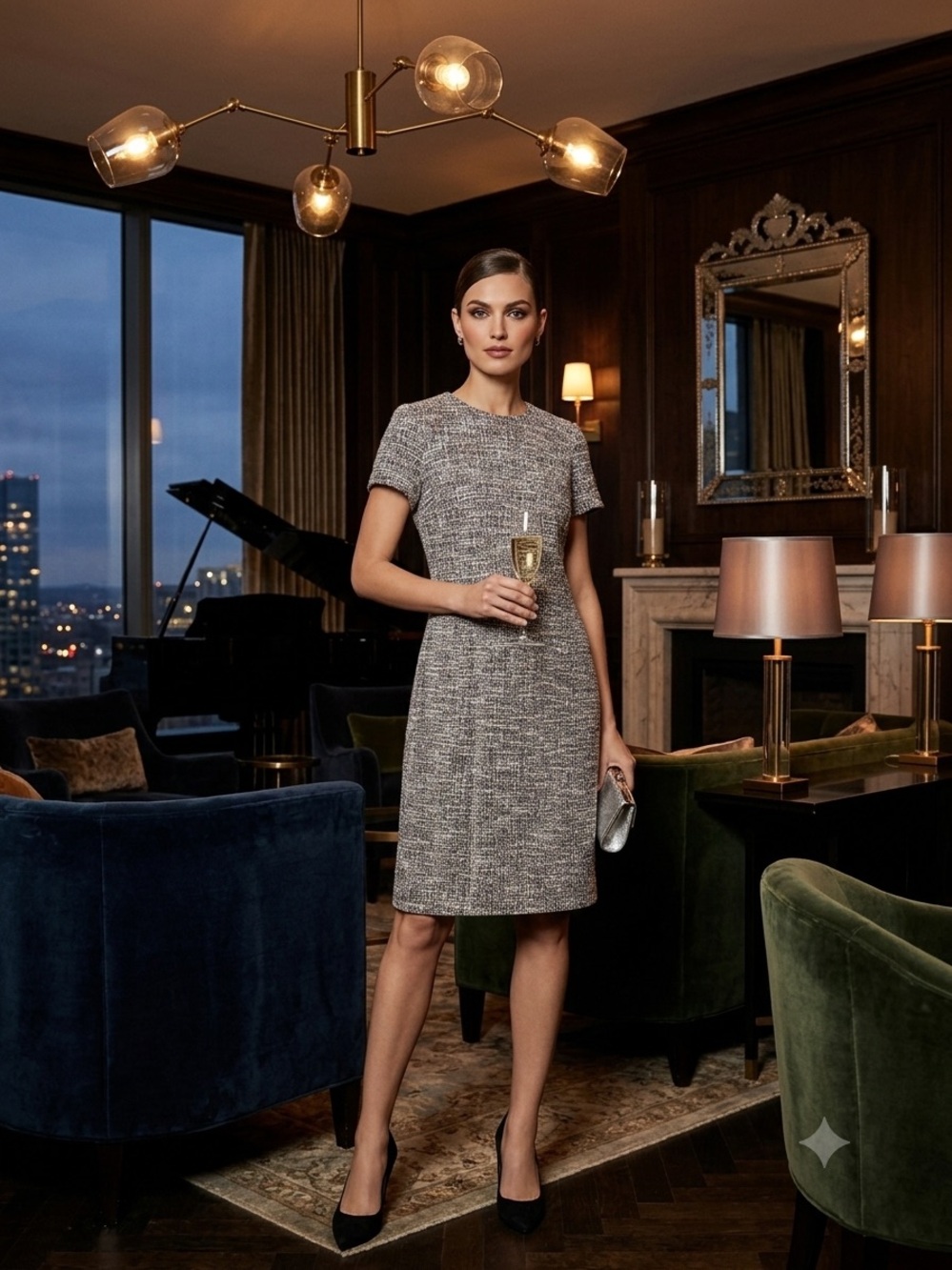 Textured Tweed Short-Sleeve Midi Dress in Brown-Gray